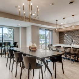 a community kitchen with tables and chairs